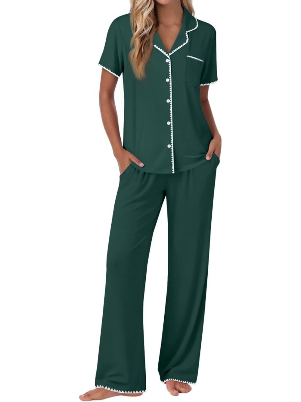 Women Green Short Sleeve Sleepwear Button Up Shirt Pajamas Set 2 Piece